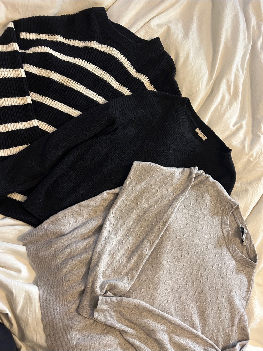 3 Cozy Sweaters BUNDLE- Black, Striped Black/White & Light Gray